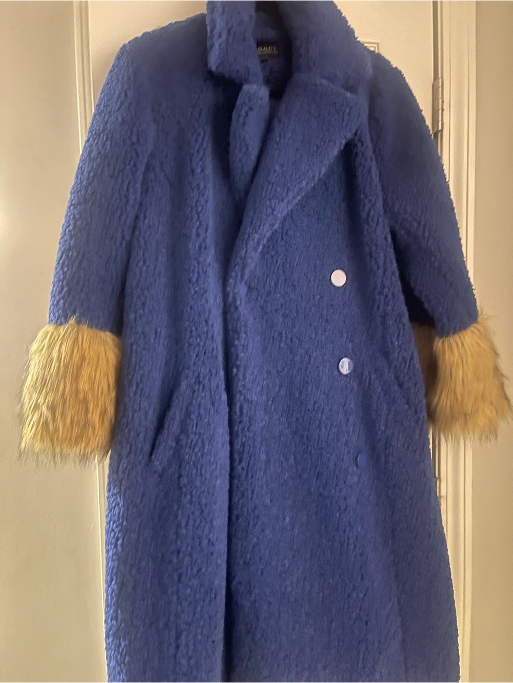 Eloquii Blue Faux-Fur Teddy Coat with Tan Fur Cuffs